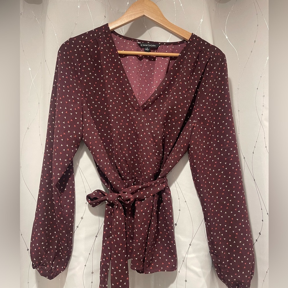 41 Hawthorn |Burgundy medium tie waist wrap blouse|